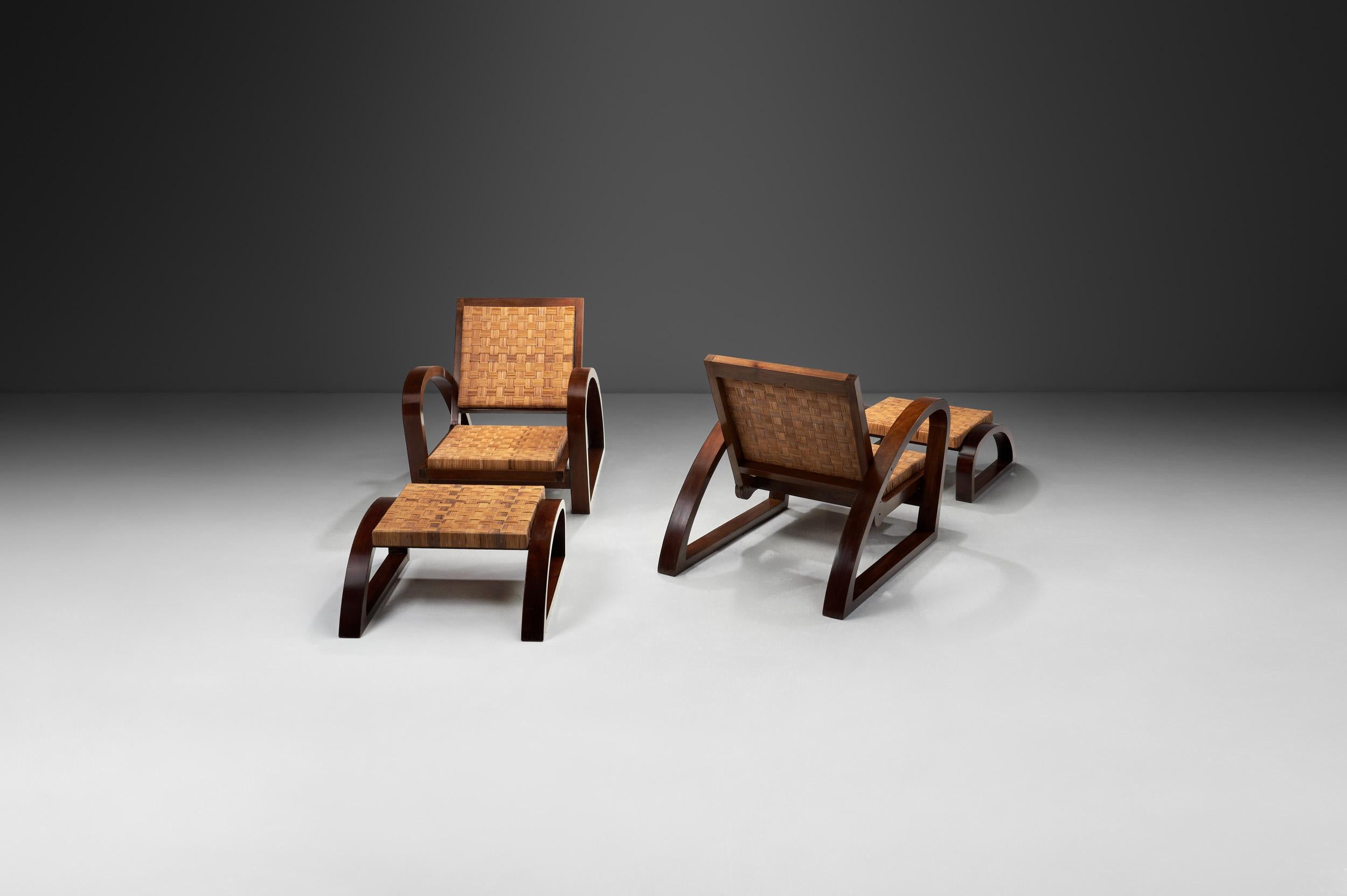 French Pair of Chairs with Footstools by Francis Jourdain (Attr.), France ca 1928 For Sale