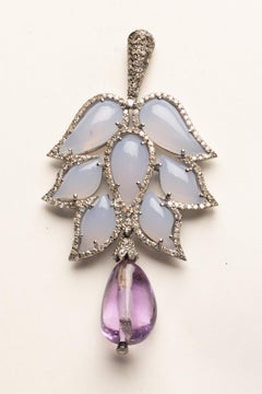 Pair of Chalcedony, Diamond and Amethyst Chandelier Earrings