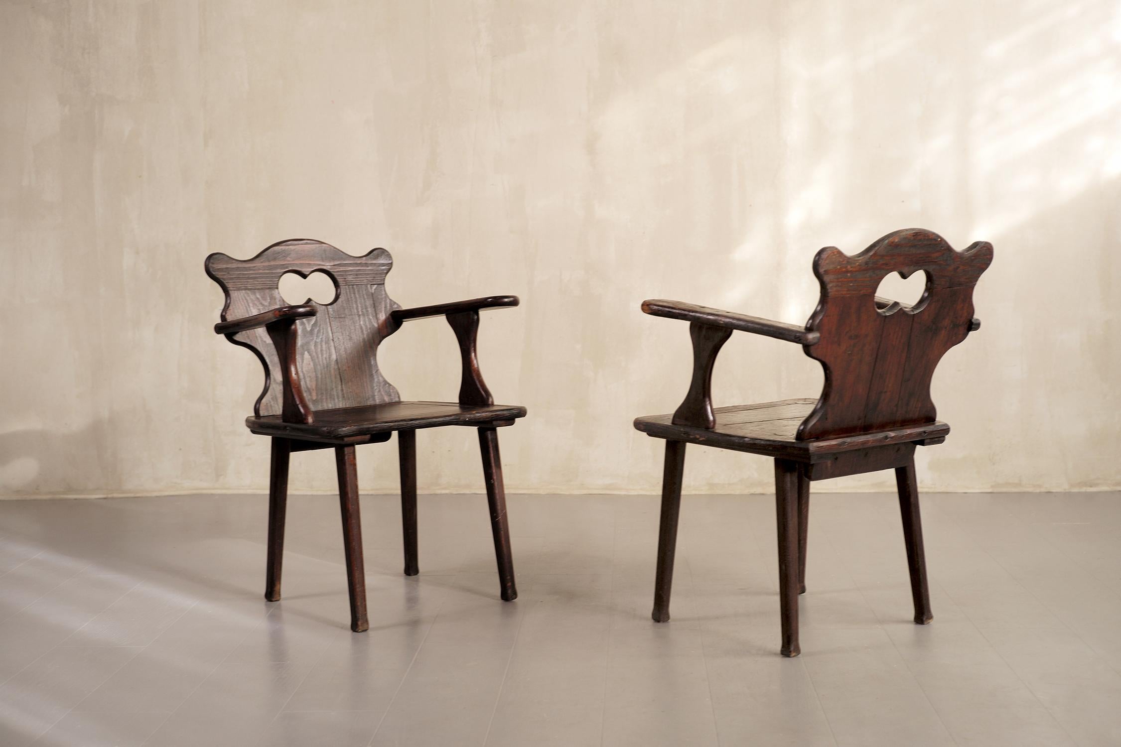 Mid-20th Century Pair of Chalet Armchairs in Blackened Pine, France, 1950 For Sale