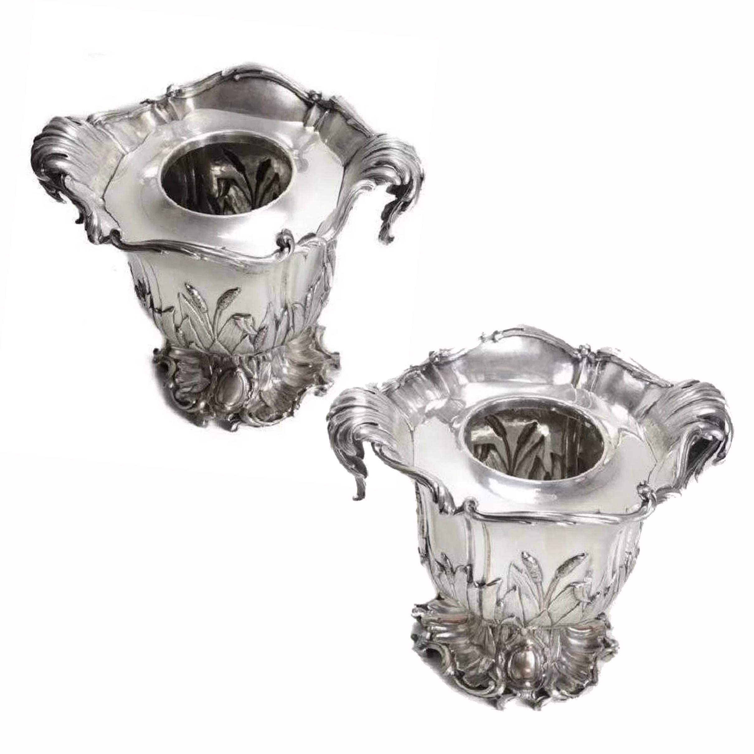 French Pair of Champagne Bucket Art Nouveau Magnum Size Silver Plated