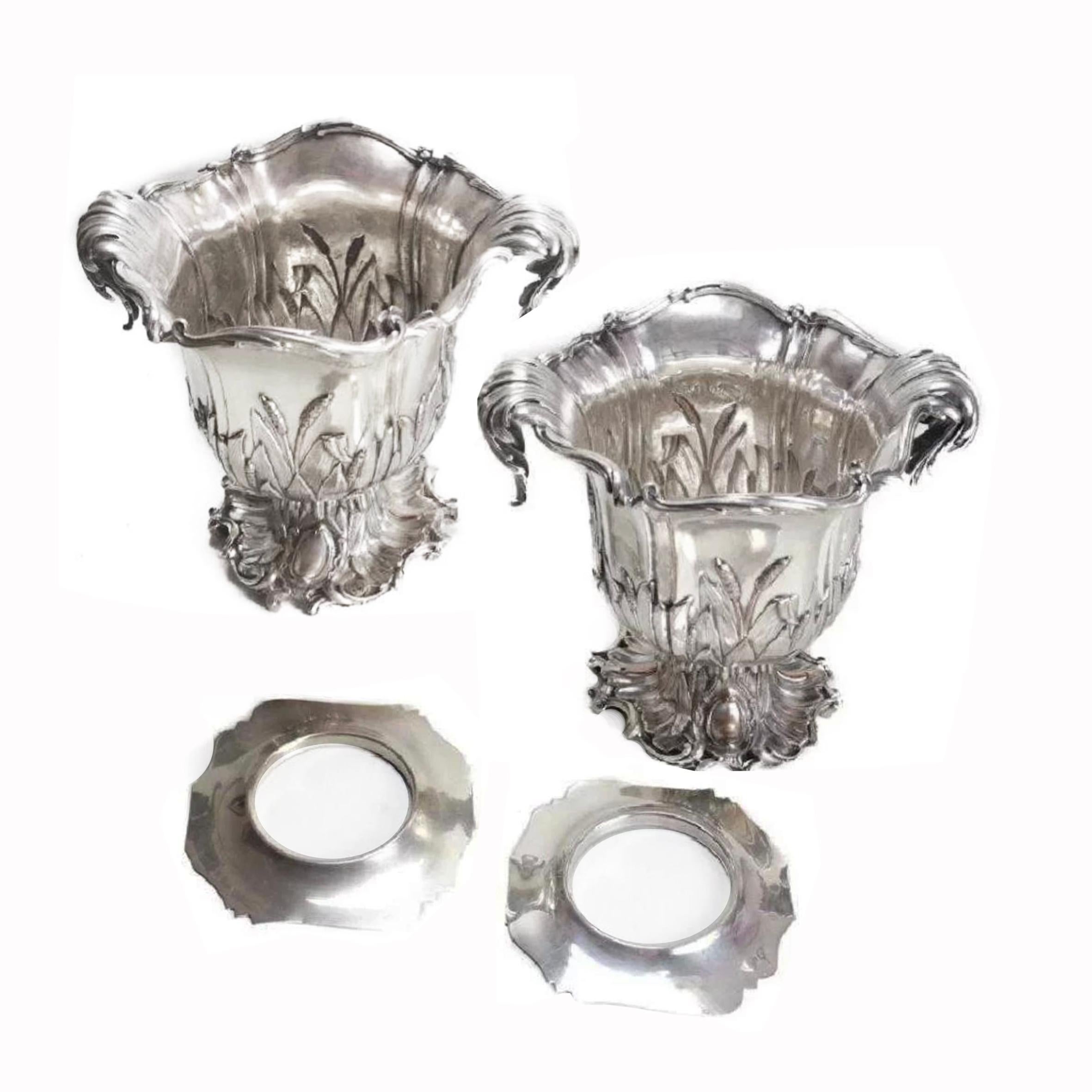 Pair of Champagne Bucket Art Nouveau Magnum Size Silver Plated In Good Condition In Paris, FR