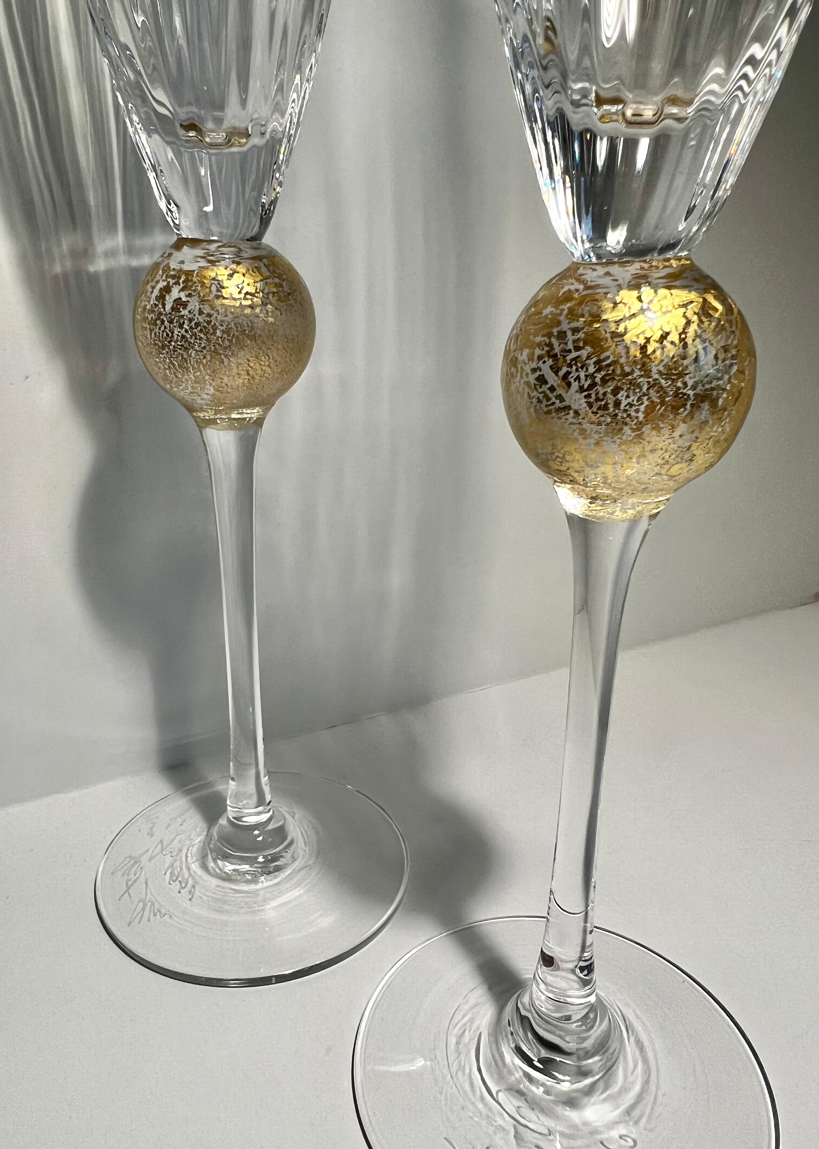 Modern Pr Champagne Flutes by Union St. “Manhattan Collection” 24k Leafed Ball, 1990