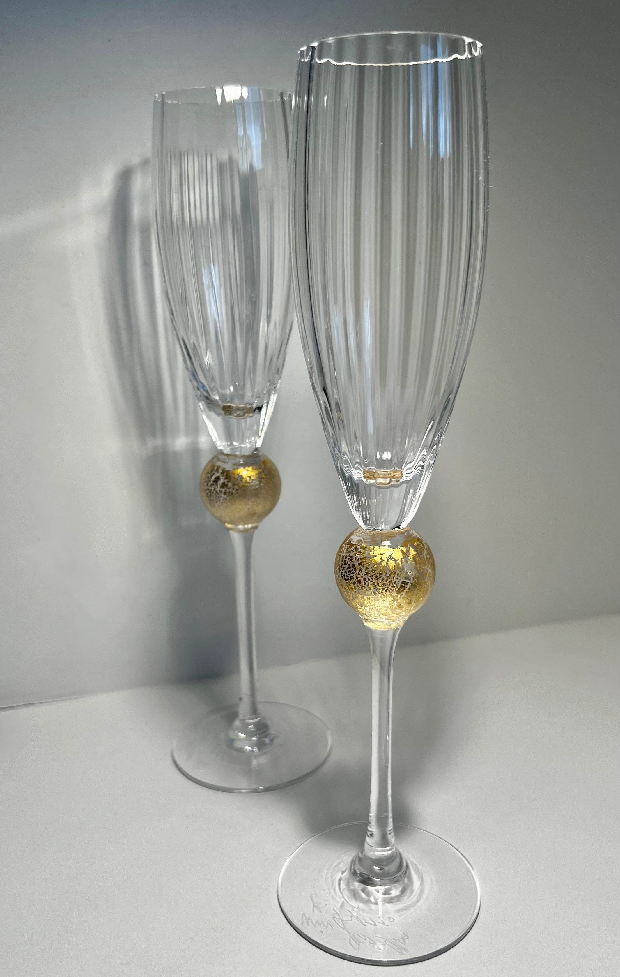 Pr Champagne Flutes by Union St. “Manhattan Collection” 24k Leafed Ball, 1990 In Good Condition In West Palm Beach, FL