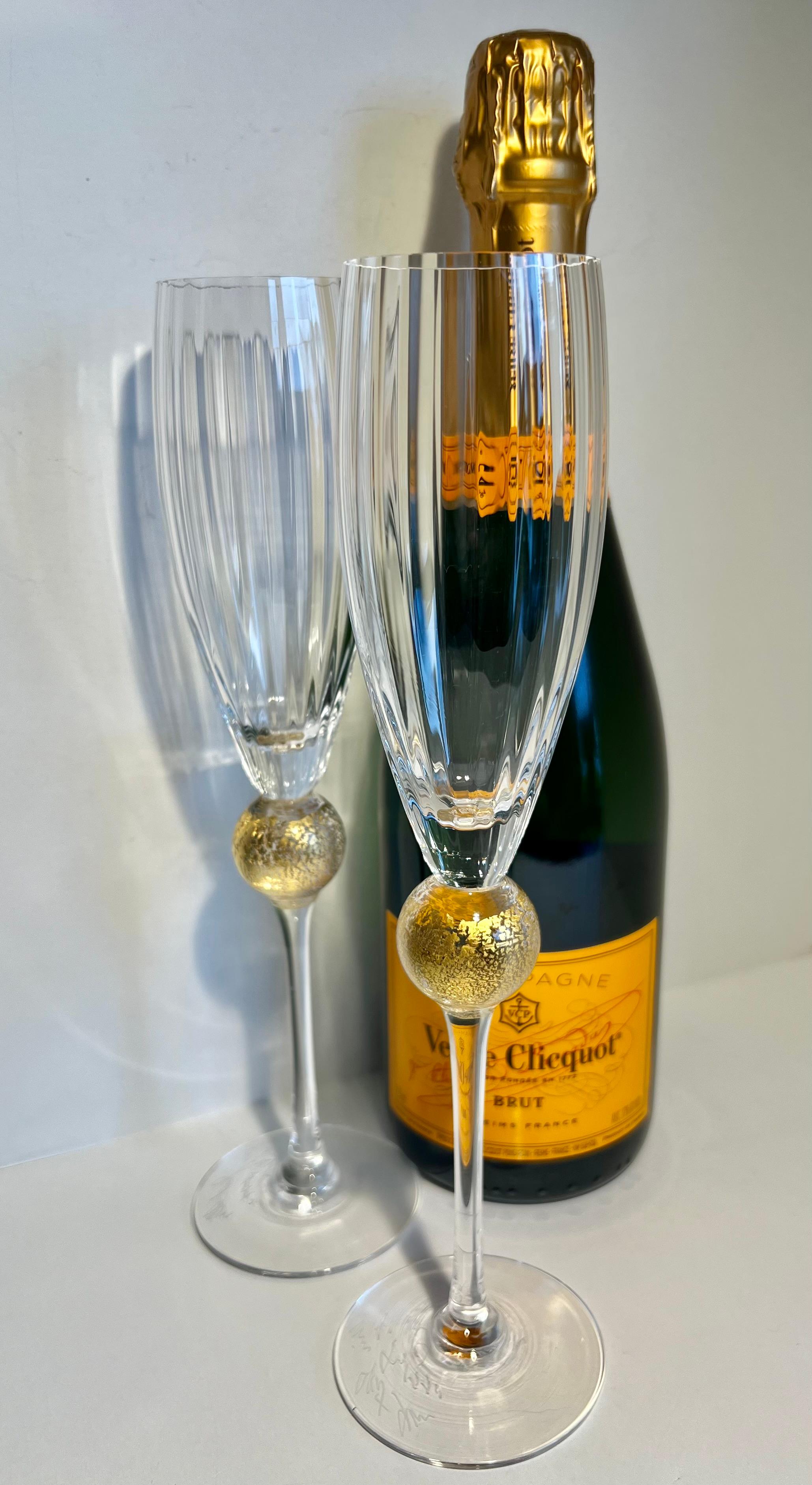 Late 20th Century Pr Champagne Flutes by Union St. “Manhattan Collection” 24k Leafed Ball, 1990