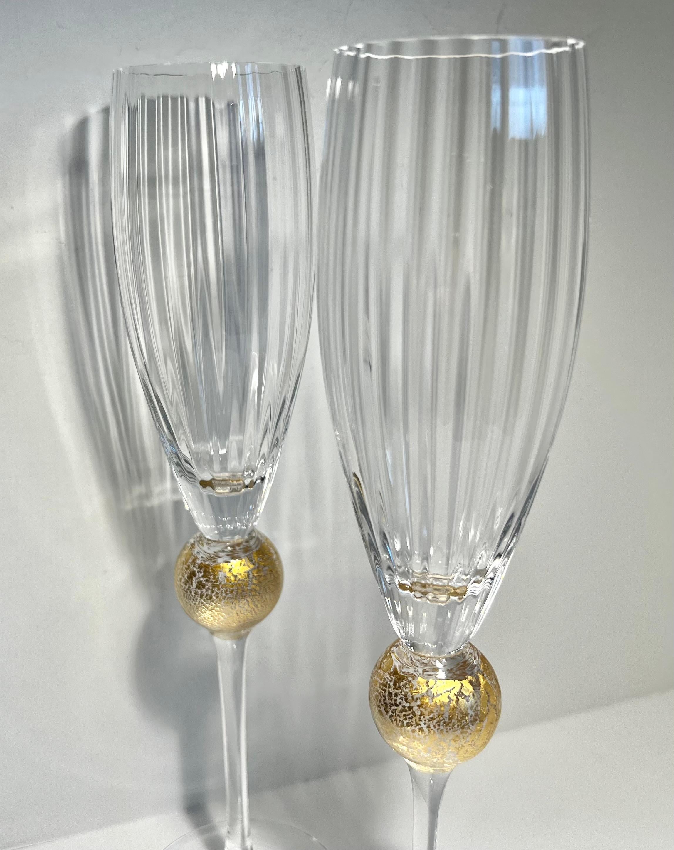 Blown Glass Pr Champagne Flutes by Union St. “Manhattan Collection” 24k Leafed Ball, 1990