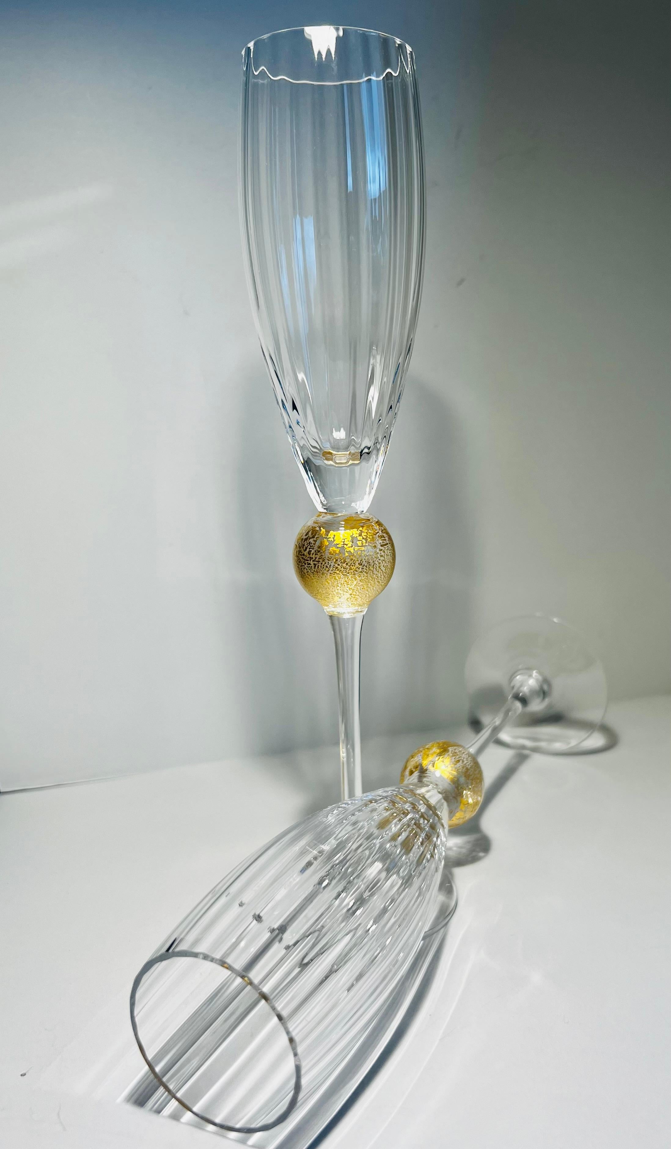 Pr Champagne Flutes by Union St. “Manhattan Collection” 24k Leafed Ball, 1990 1