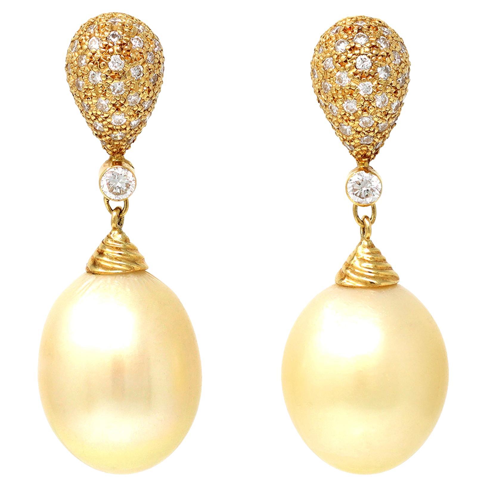 Pair of Champagne South Sea Pearl and Diamond Dangling Earrings in 18 Karat Gold