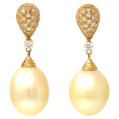 Pair of Champagne South Sea Pearl and Diamond Dangling Earrings in 18 Karat Gold