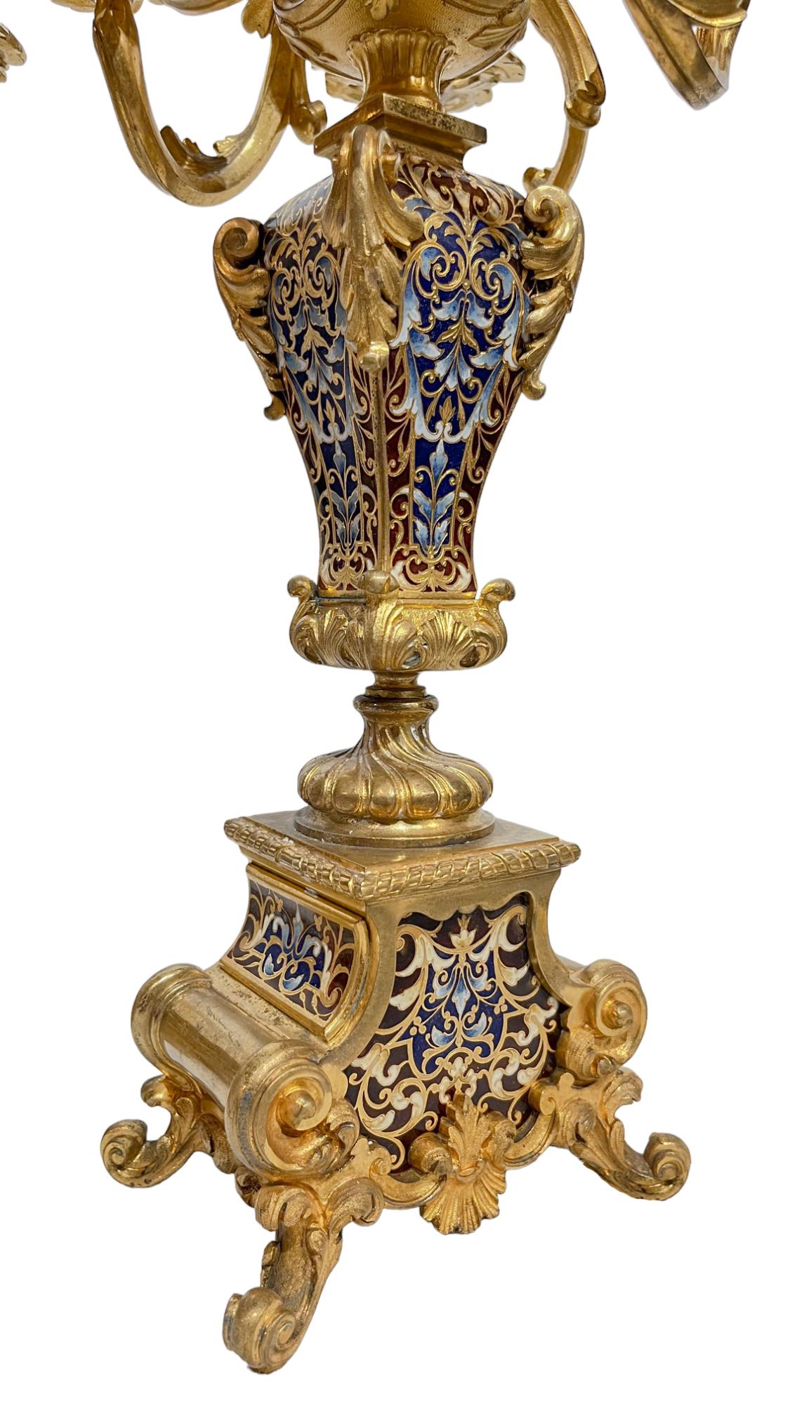 Pair of Champlevé and Gilt-bronze Five-light Candelabra For Sale 1