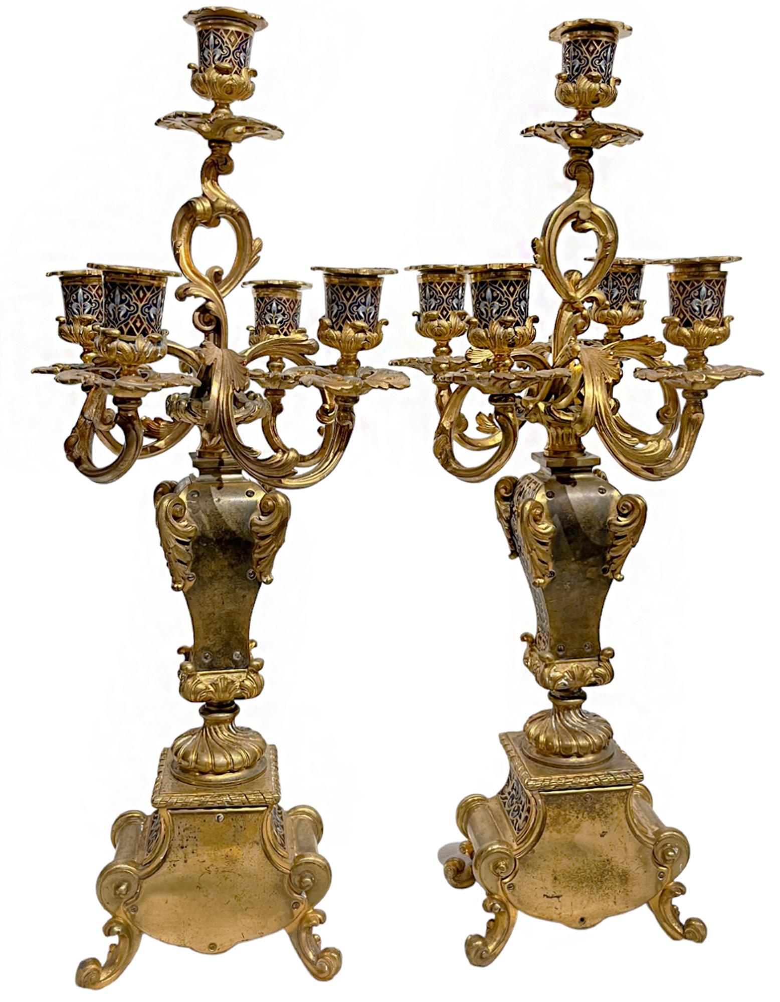 Pair of Champlevé and Gilt-bronze Five-light Candelabra For Sale 2