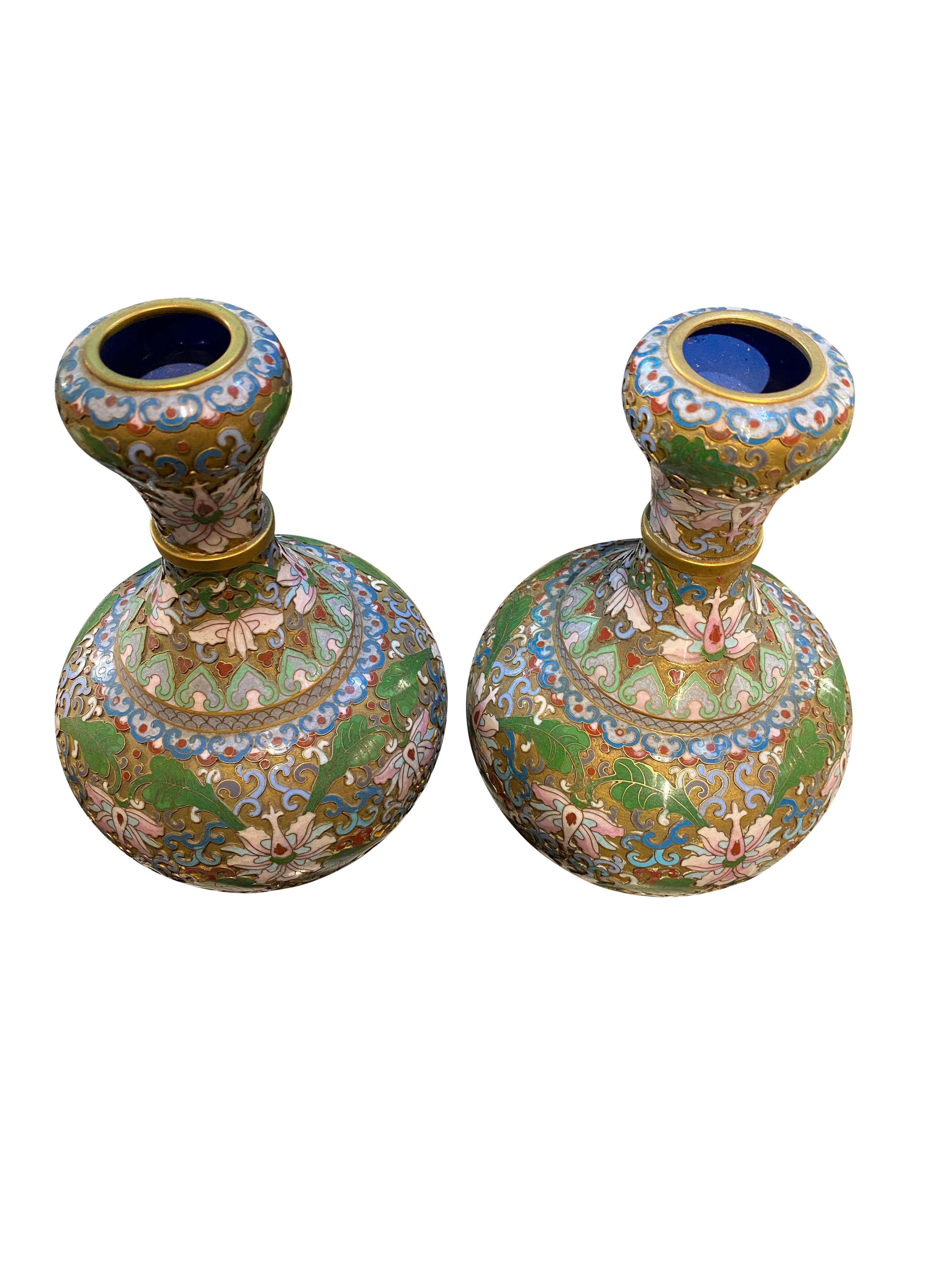 Pair of Champleve Cloisonne Antique Vases Green and Pink Flowers, 19th Century For Sale 6
