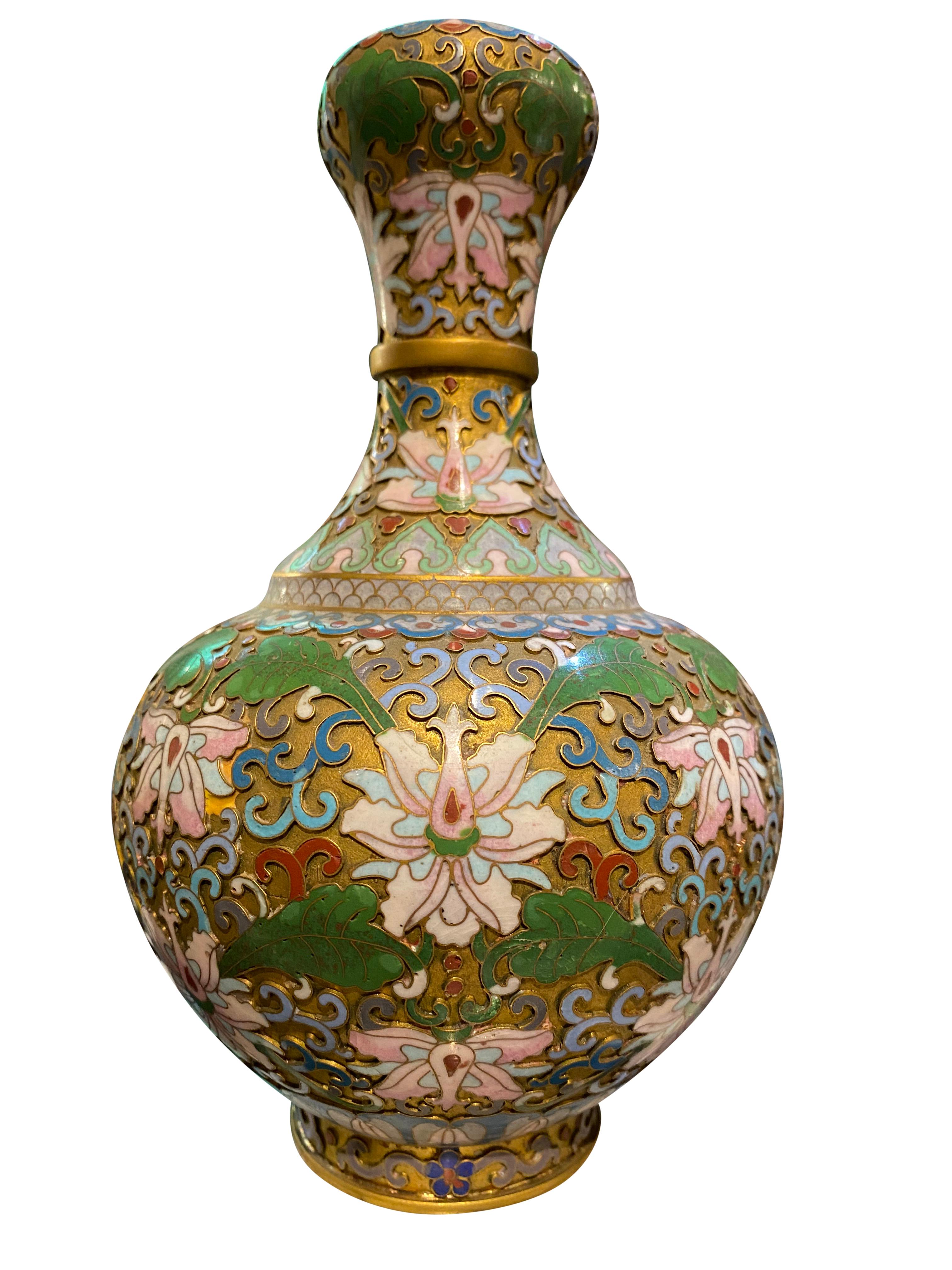Bronze Pair of Champleve Cloisonne Antique Vases Green and Pink Flowers, 19th Century For Sale