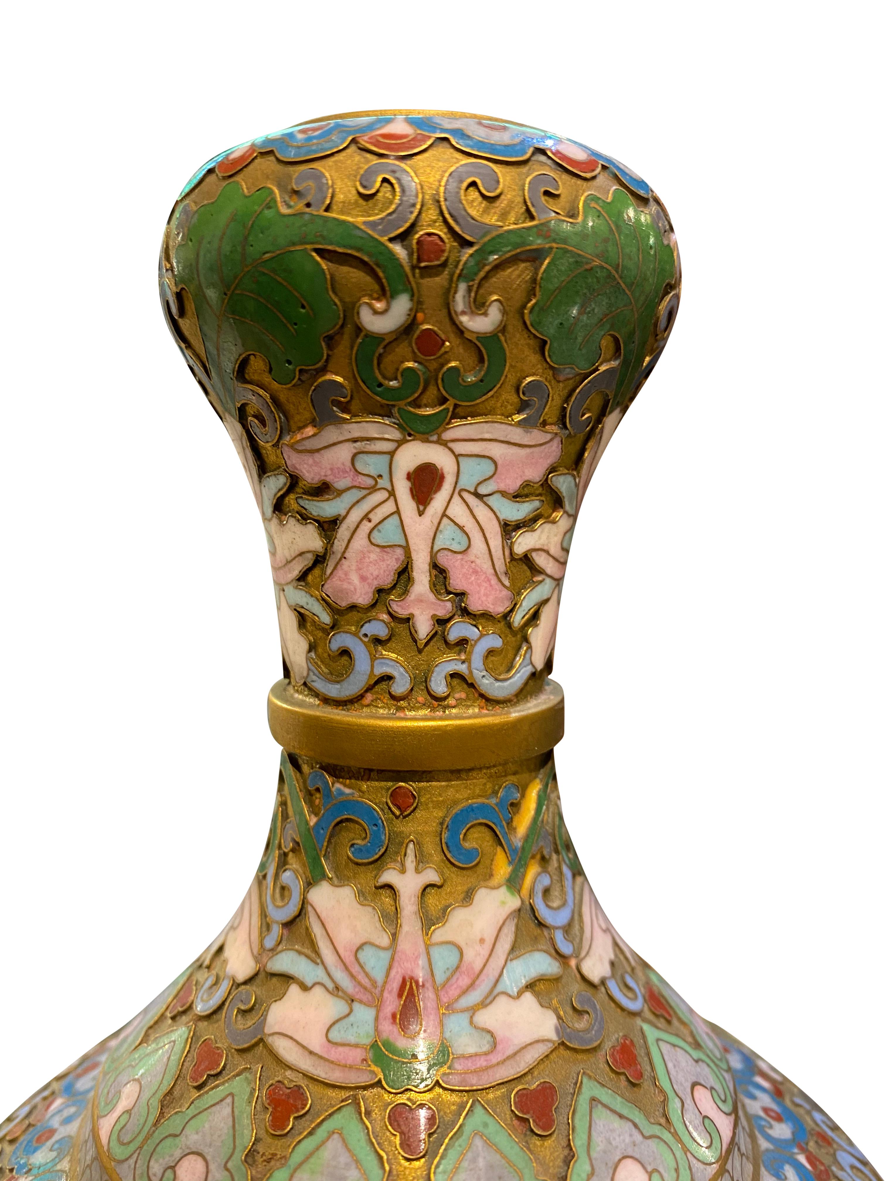 Pair of Champleve Cloisonne Antique Vases Green and Pink Flowers, 19th Century For Sale 1
