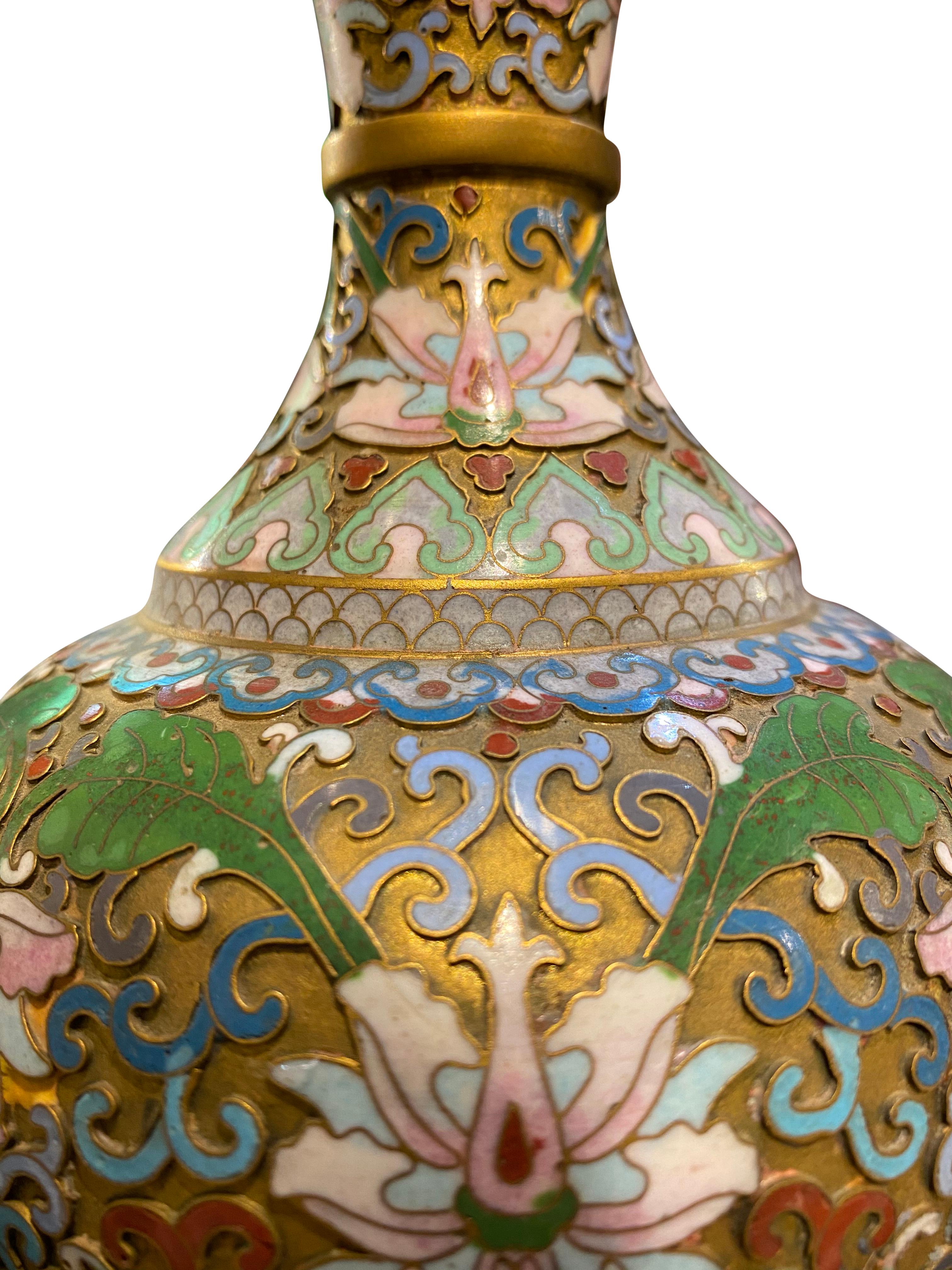 Pair of Champleve Cloisonne Antique Vases Green and Pink Flowers, 19th Century For Sale 2