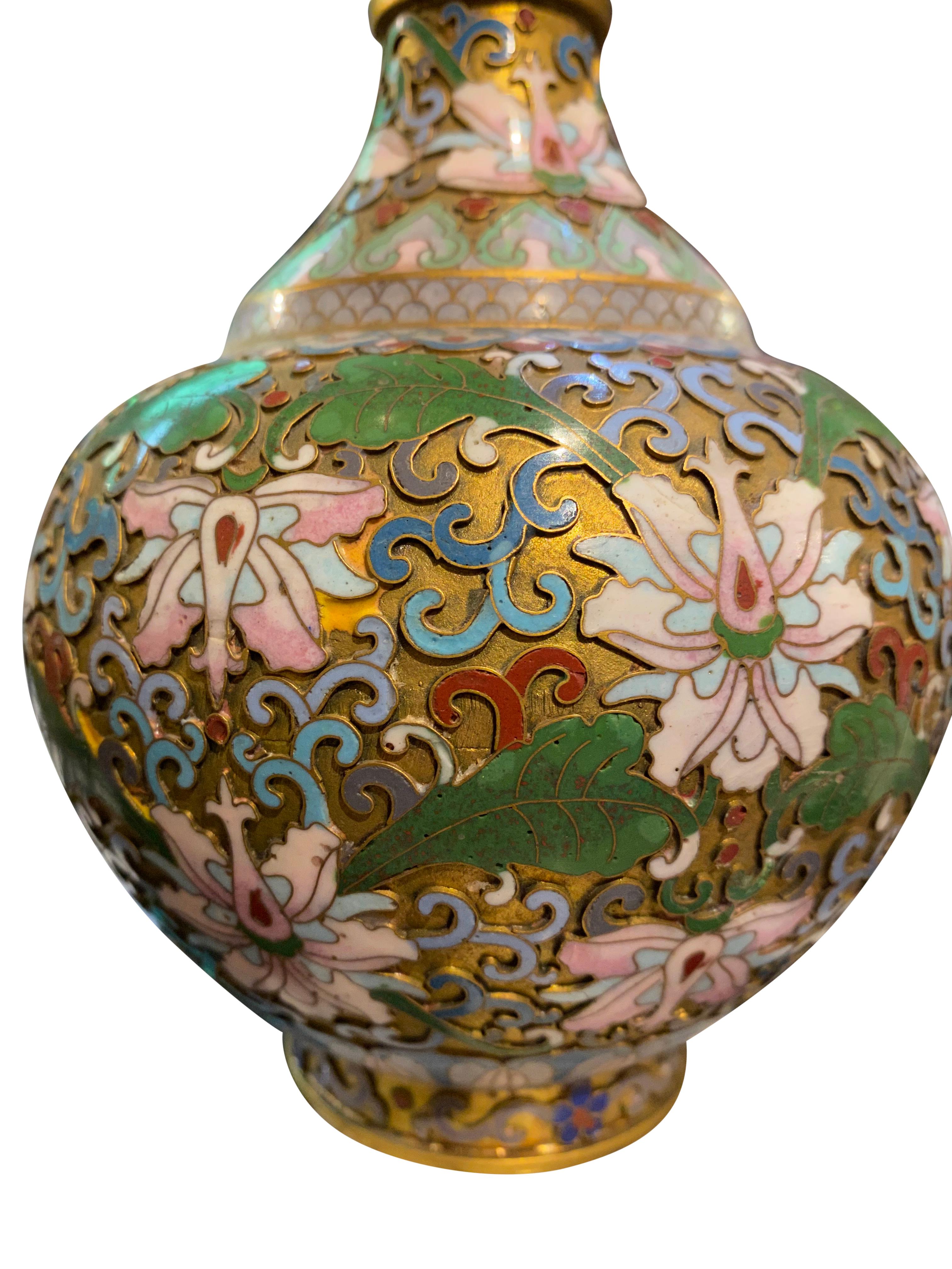 Pair of Champleve Cloisonne Antique Vases Green and Pink Flowers, 19th Century For Sale 3