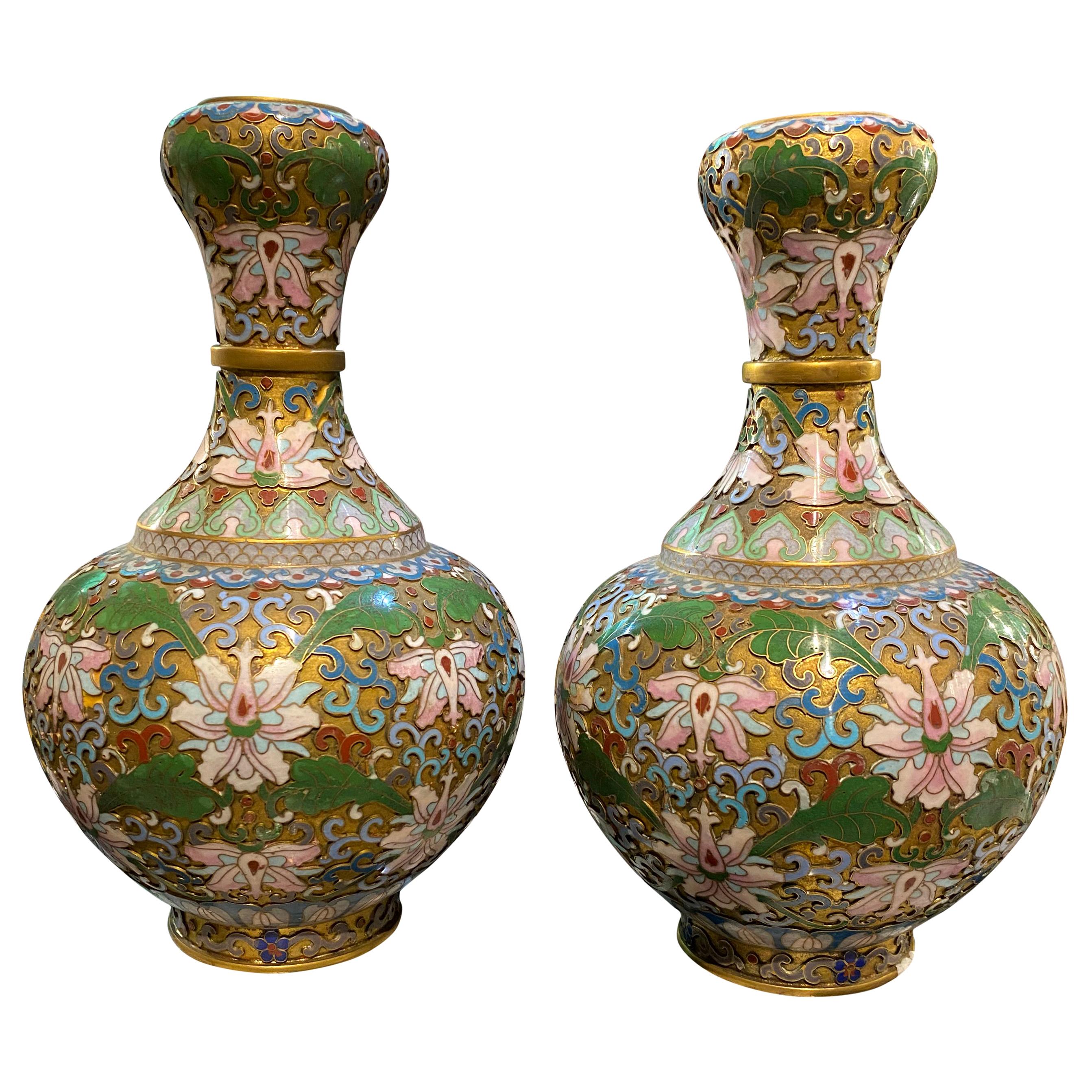 Pair of Champleve Cloisonne Antique Vases Green and Pink Flowers, 19th Century For Sale