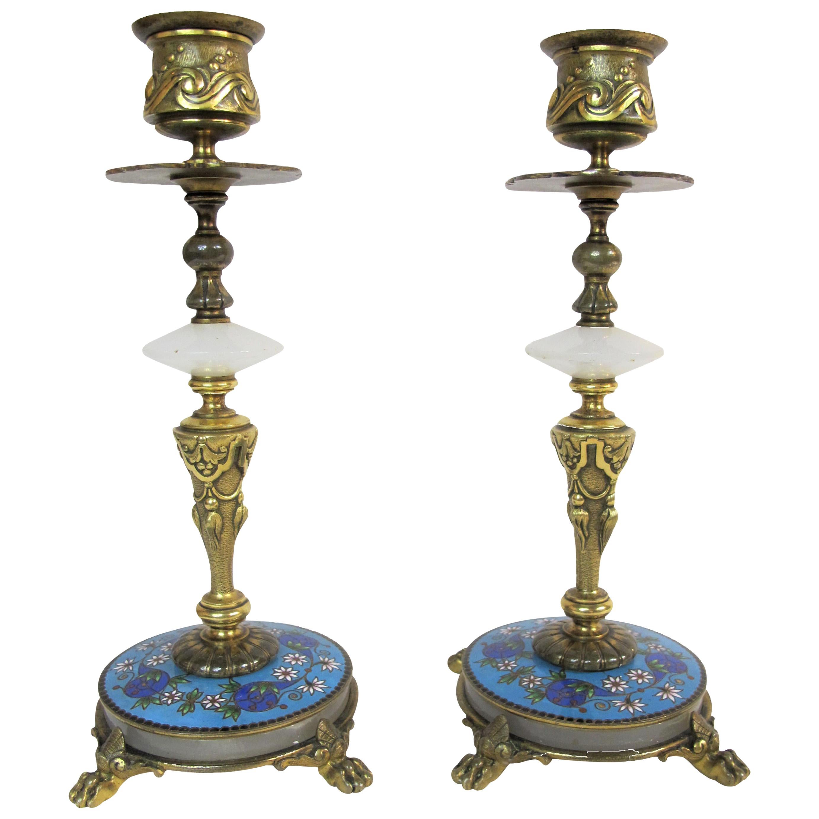 Pair of Champlevé Enamels and Gilt Bronze Candlesticks Marked H. Journet For Sale