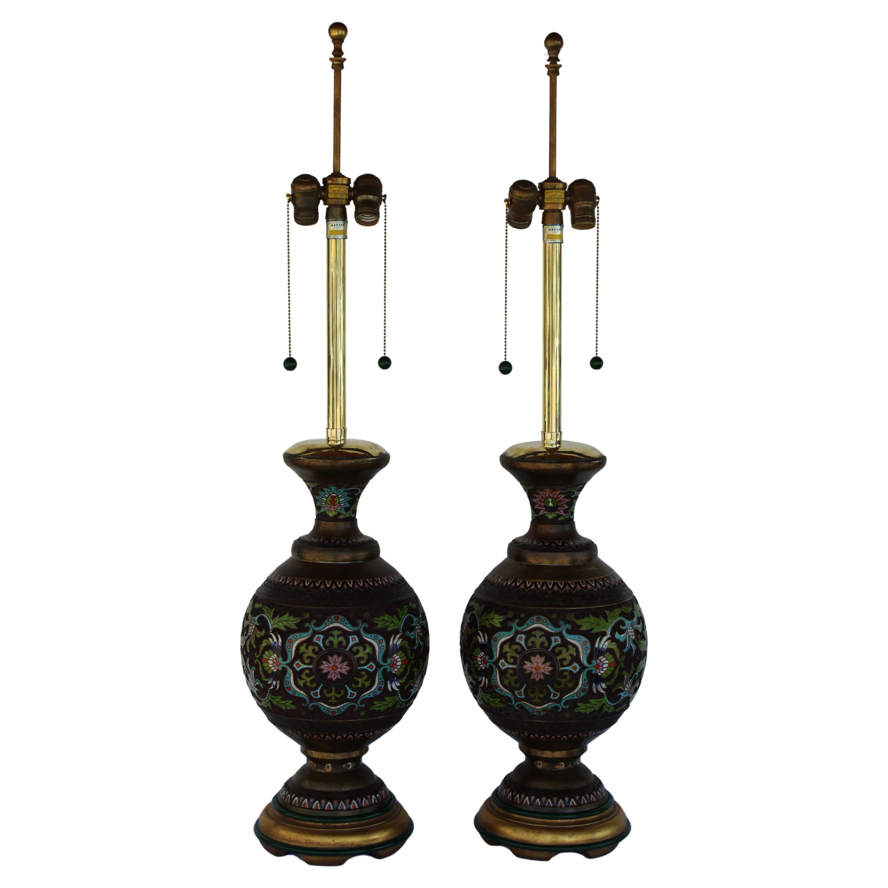 Pair of Champlevé Lamps by The MARBRO Lamp Company, Los Angeles, CA.