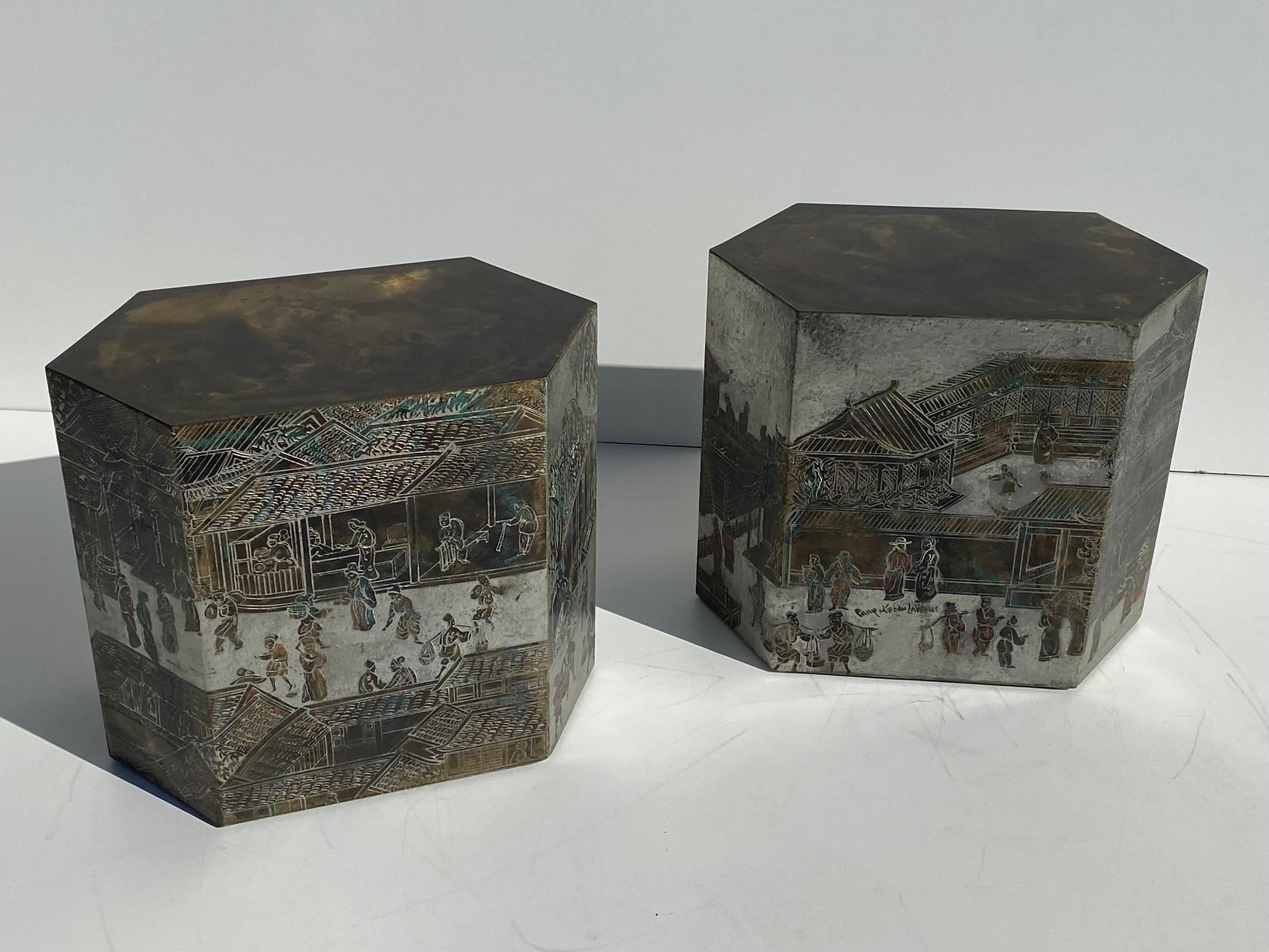 Pair of etched bronze and pewter 