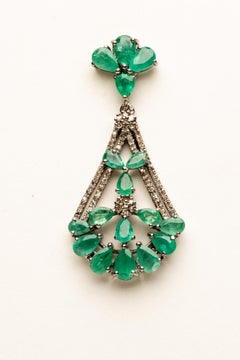 Pair of Chandelier Earrings with Clusters of Emeralds and Diamonds