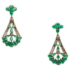 Pair of Chandelier Earrings with Clusters of Emeralds and Diamonds