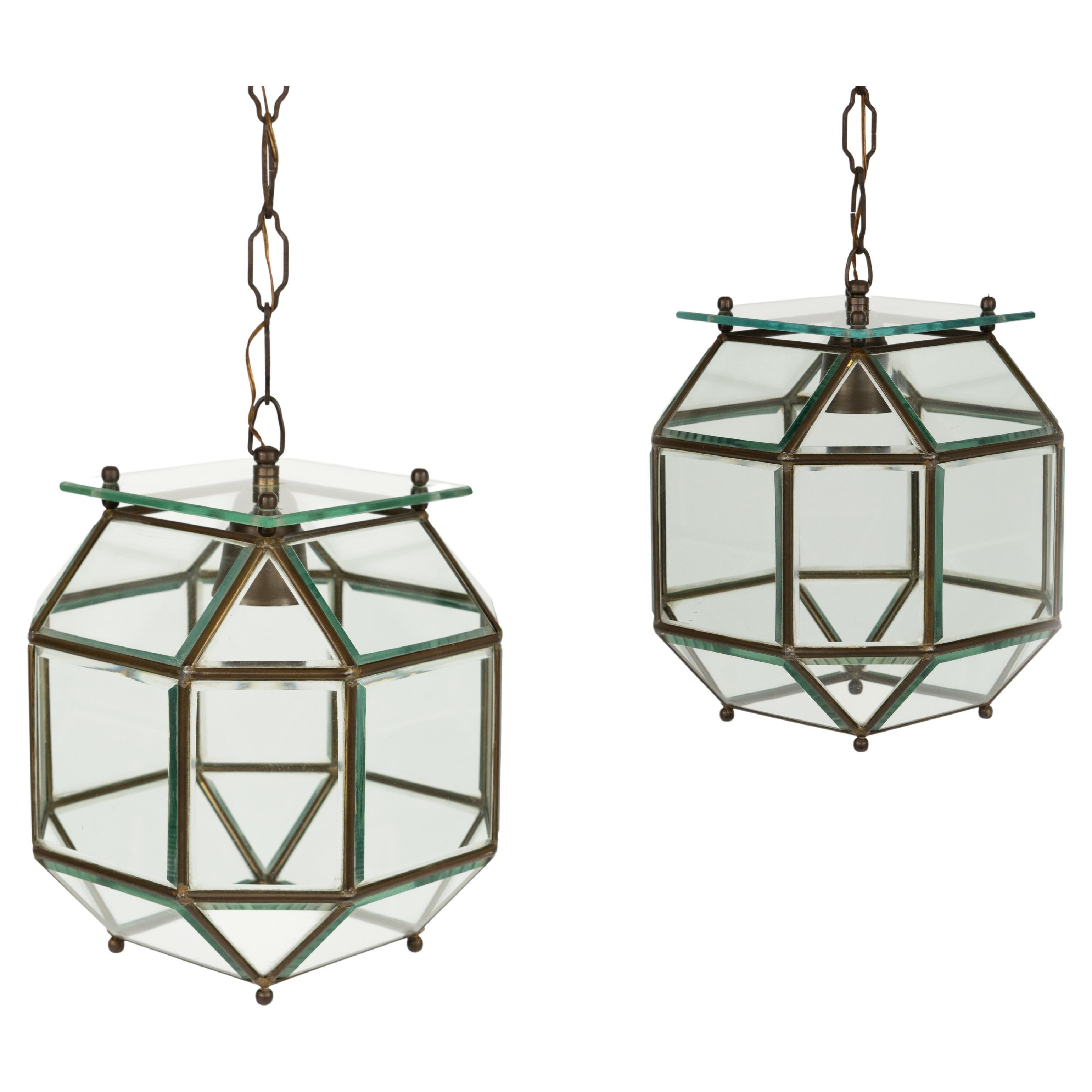 Pair of  Chandelier in Brass and Beveled Glass Adolf Loos Style, Italy 1950s For Sale