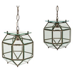 Pair of  Chandelier in Brass and Beveled Glass Adolf Loos Style, Italy 1950s