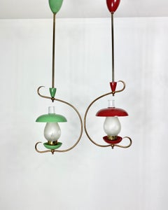 Pair of Chandelier Pendant Brass and Green and Red Metal Mushrooms, Italy, 1950s