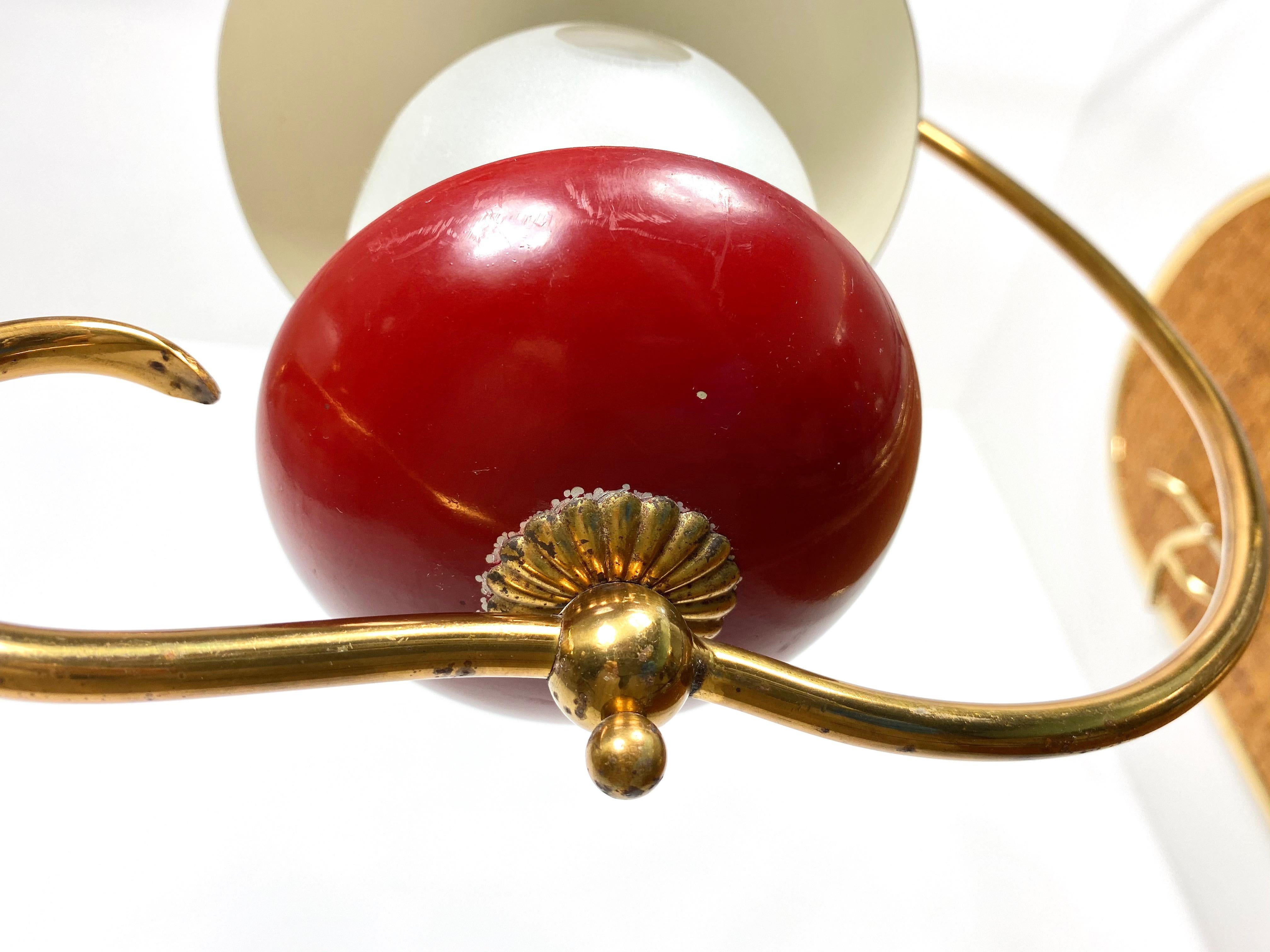 Pair of Chandelier Pendant Brass and Green and Red Metal Mushrooms, Italy, 1950s For Sale 1