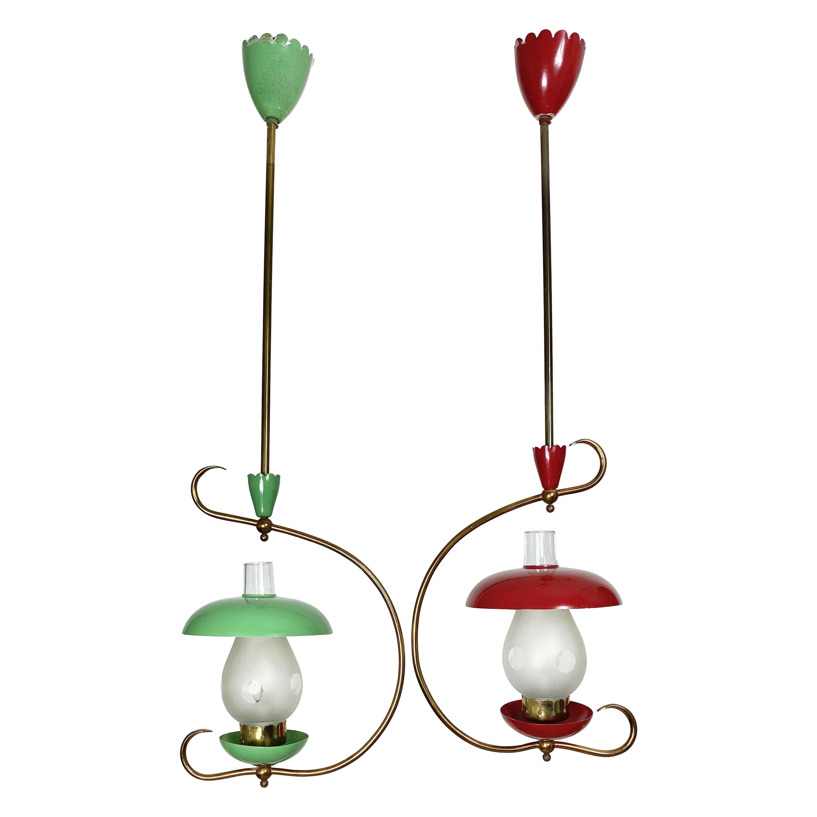 Pair of Chandelier Pendant Brass and Green and Red Metal Mushrooms, Italy, 1950s