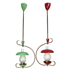 Vintage Pair of Chandelier Pendant Brass and Green and Red Metal Mushrooms, Italy, 1950s