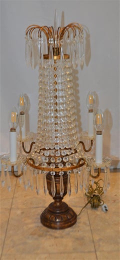 Pair of chandelier style glass table lamps, bronze base, four exterior lights.