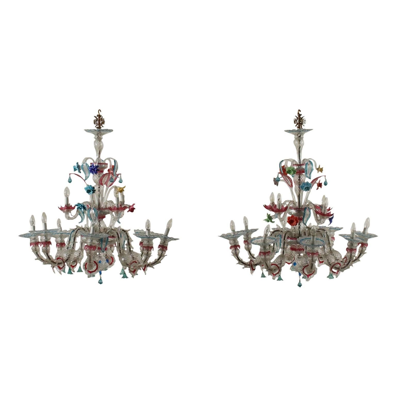Pair of Chandeliers Blown Glass Murano, Italy, 20th Century