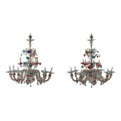 Pair of Chandeliers Blown Glass Murano, Italy, 20th Century