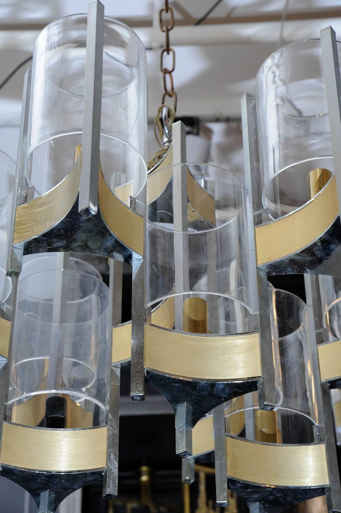 Pareja de lámparas de araña en acabados de latón y níquel de Gaetano Sciolari con cristal 1