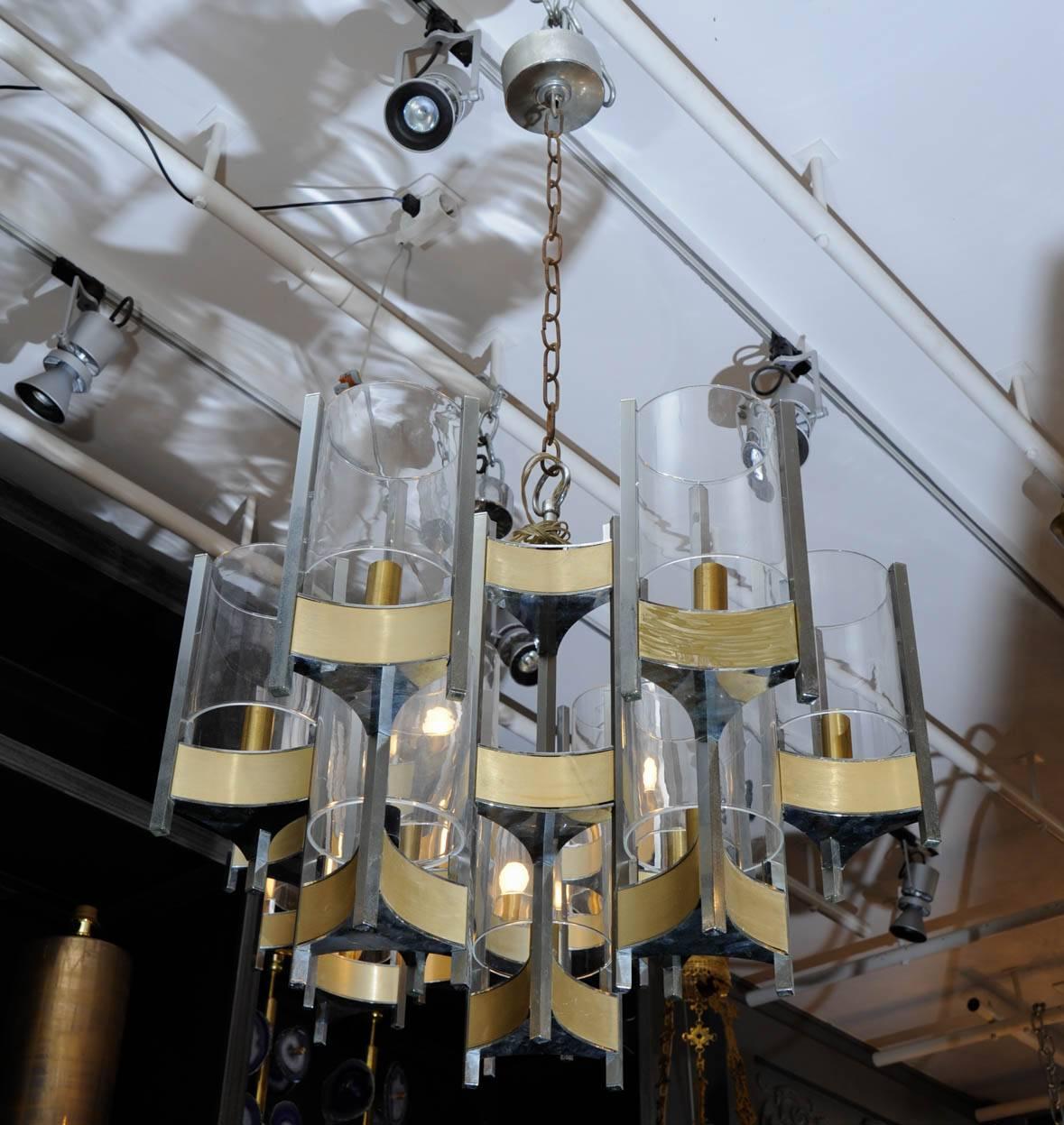 Pair of Chandeliers in Brass and Nickel Finishes by Gaetano Sciolari with Glass For Sale 3
