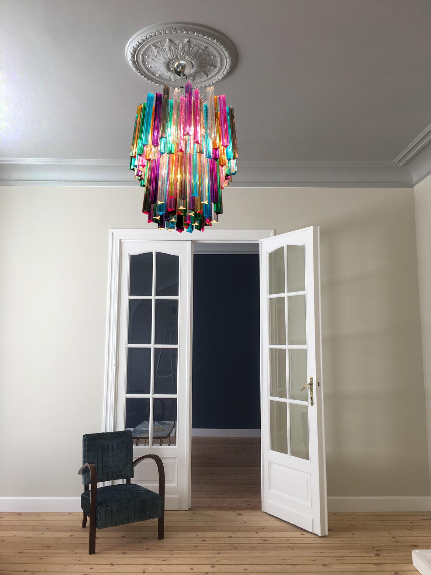 Pair of Chandeliers Multi-Color 107 Triedri, Murano, 1970s For Sale 6