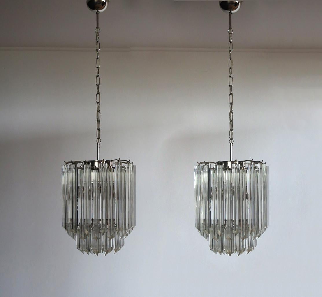 Pair of Chandeliers Venini Style 47 Transparent Prism Quadriedri, Murano, 1990 In Excellent Condition For Sale In Budapest, HU