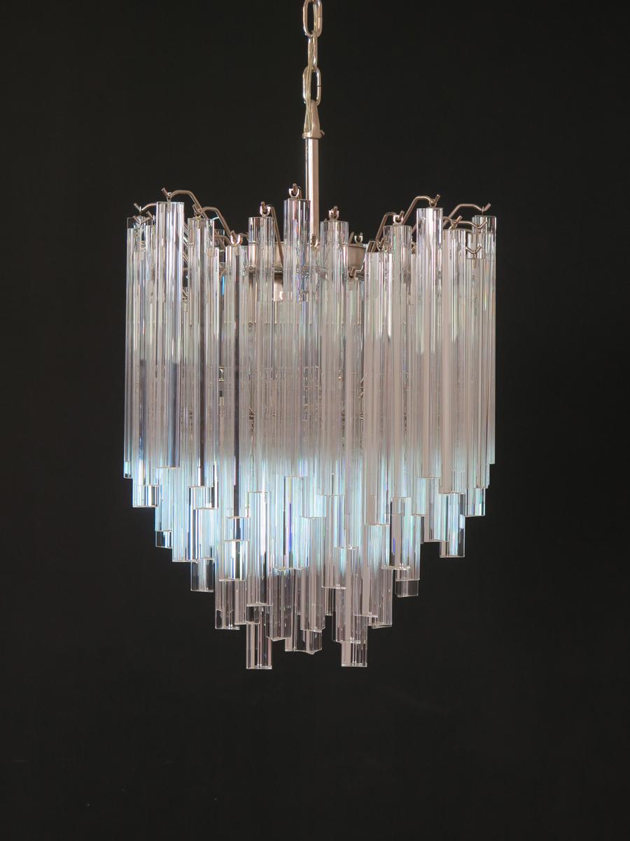 Italian Pair of Chandeliers Venini Style 92 Trasparent Prism Triedri, Murano, 1990