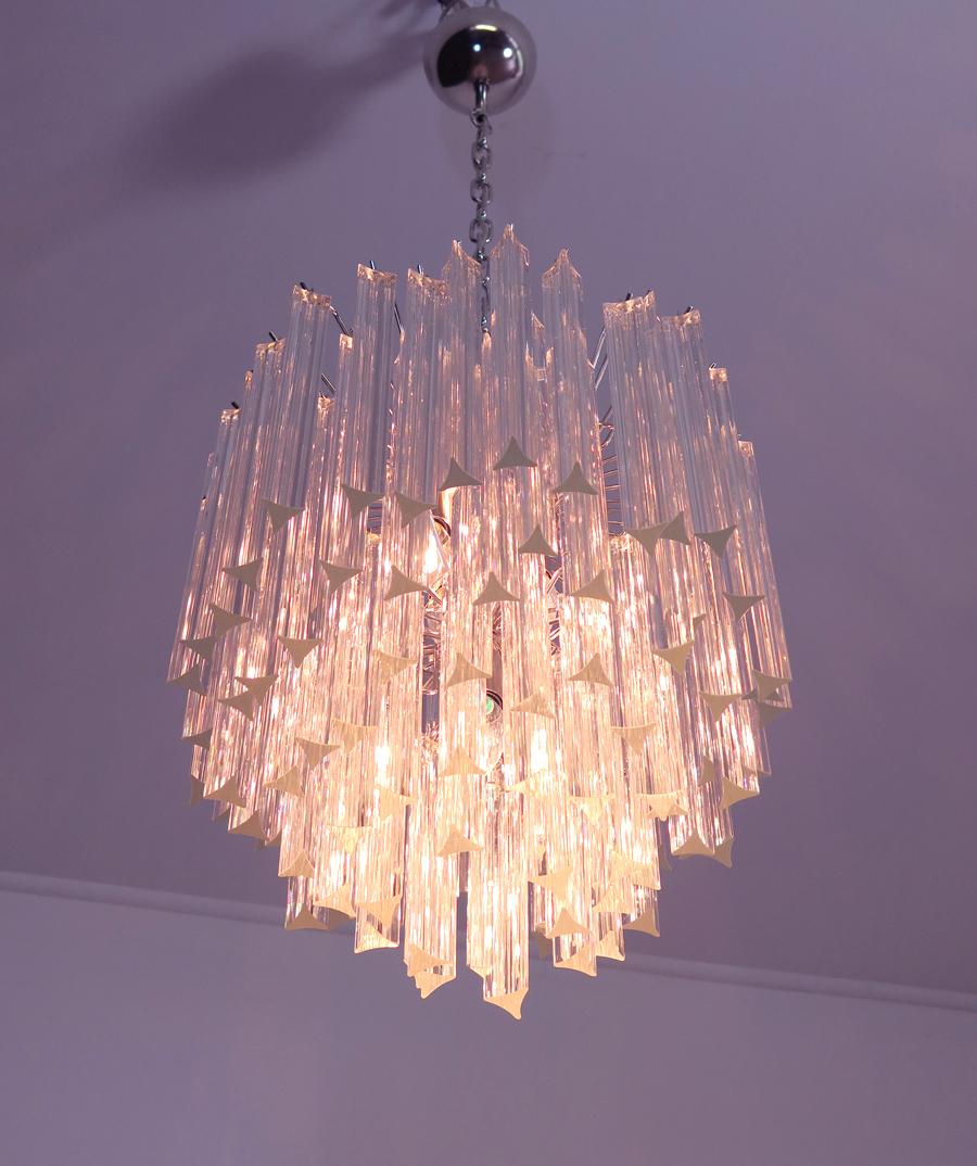 20th Century Pair of Chandeliers Venini Style 92 Trasparent Prism Triedri, Murano, 1990