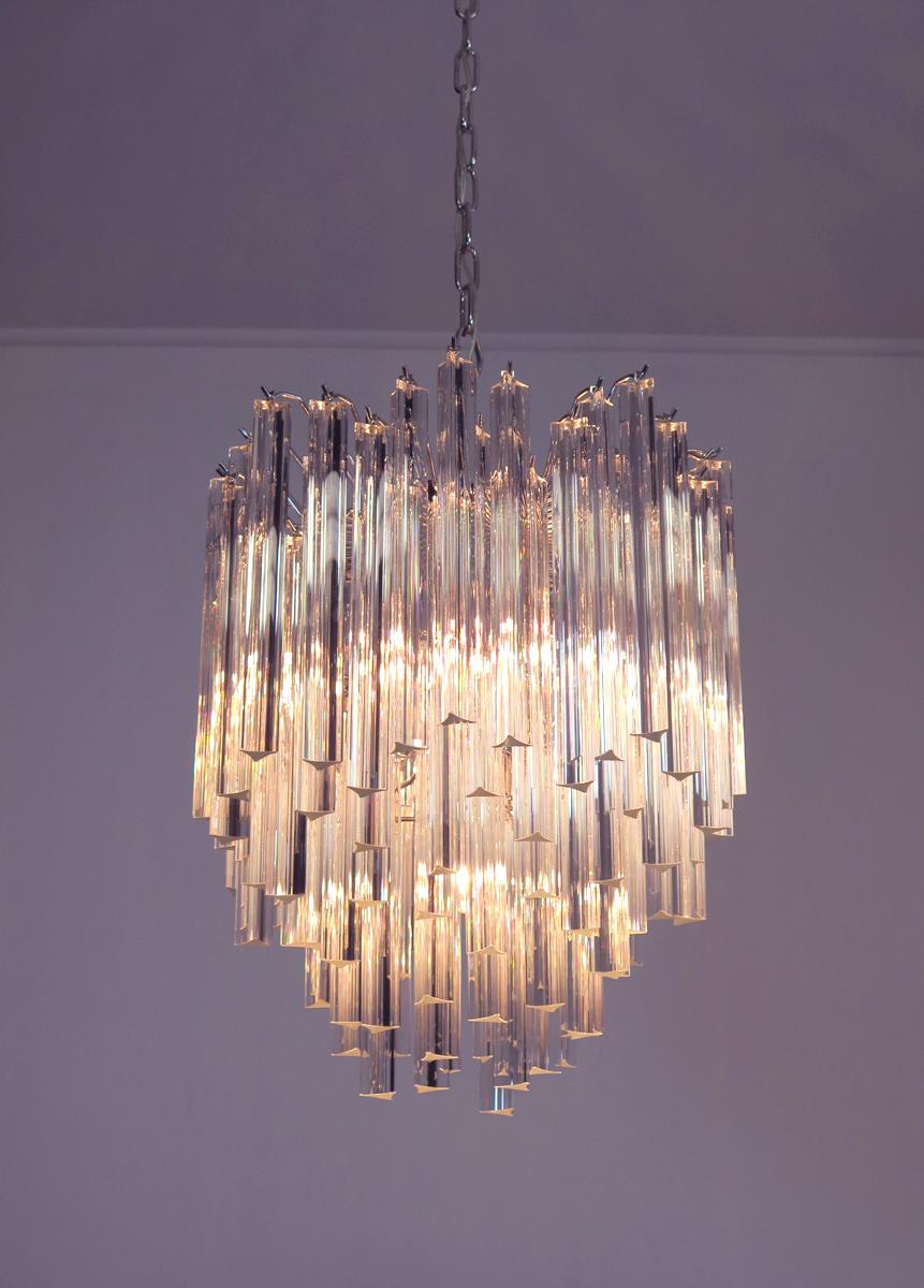 Pair of Chandeliers Venini Style 92 Trasparent Prism Triedri, Murano, 1990 2