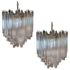 Pair of chandeliers  Venini Style 92 trasparent prism triedri. Murano, 1990
