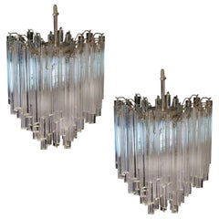 Pair of Chandeliers Venini Style 92 Trasparent Prism Triedri, Murano, 1990