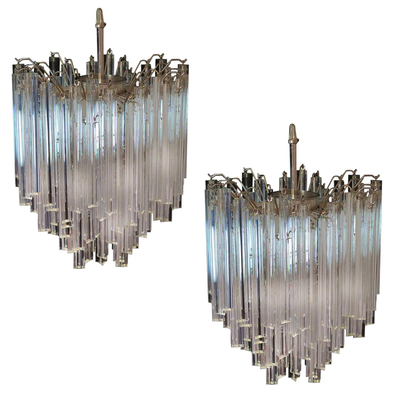 Pair of Chandeliers Venini Style 92 Trasparent Prism Triedri, Murano, 1990