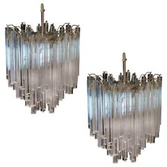 Vintage Pair of Chandeliers Venini Style 92 Trasparent Prism Triedri, Murano, 1990