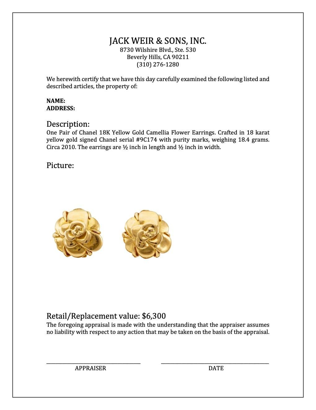 Pair of Chanel 18K Yellow Gold Camellia Flower Earrings 1