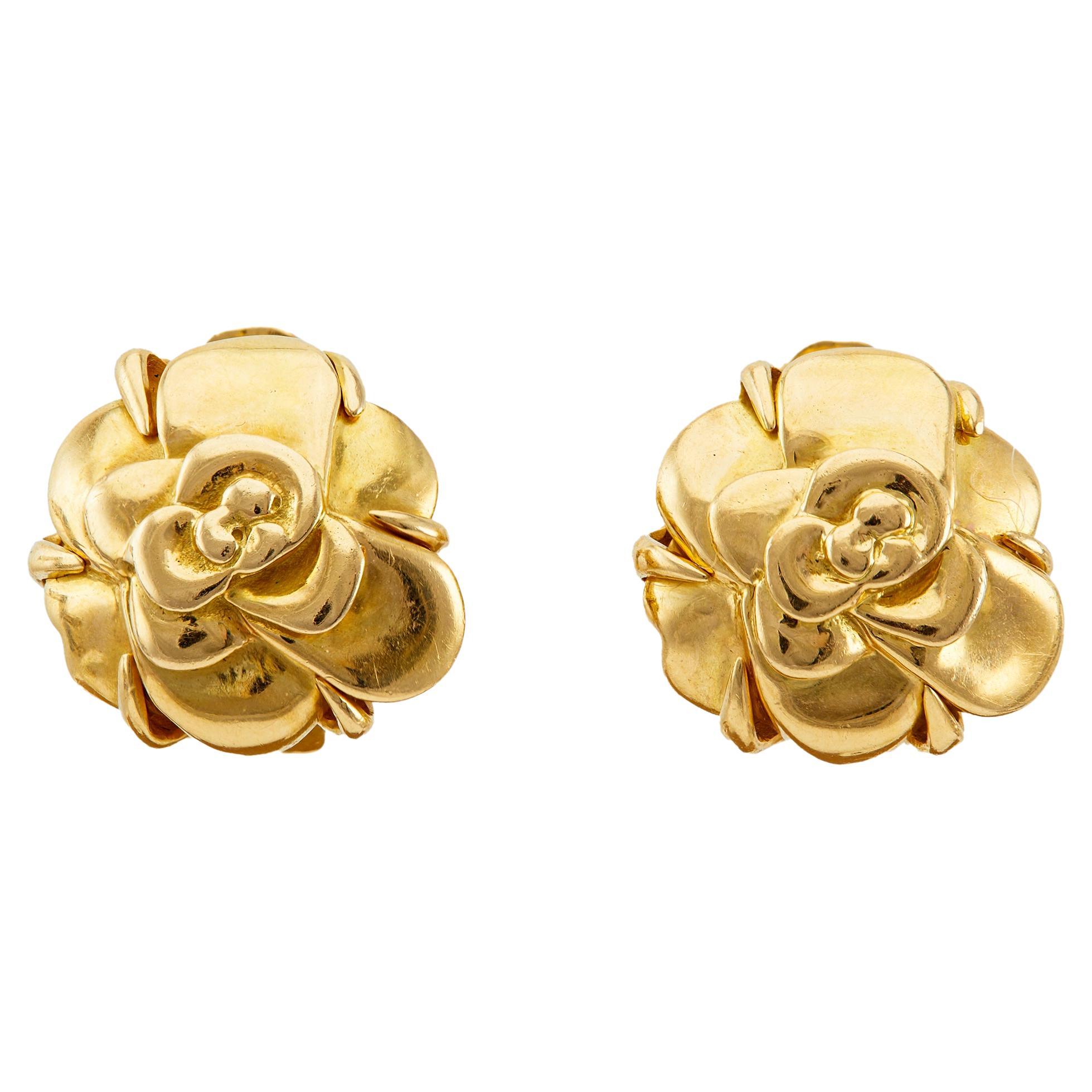 Pair of Chanel 18K Yellow Gold Camellia Flower Earrings