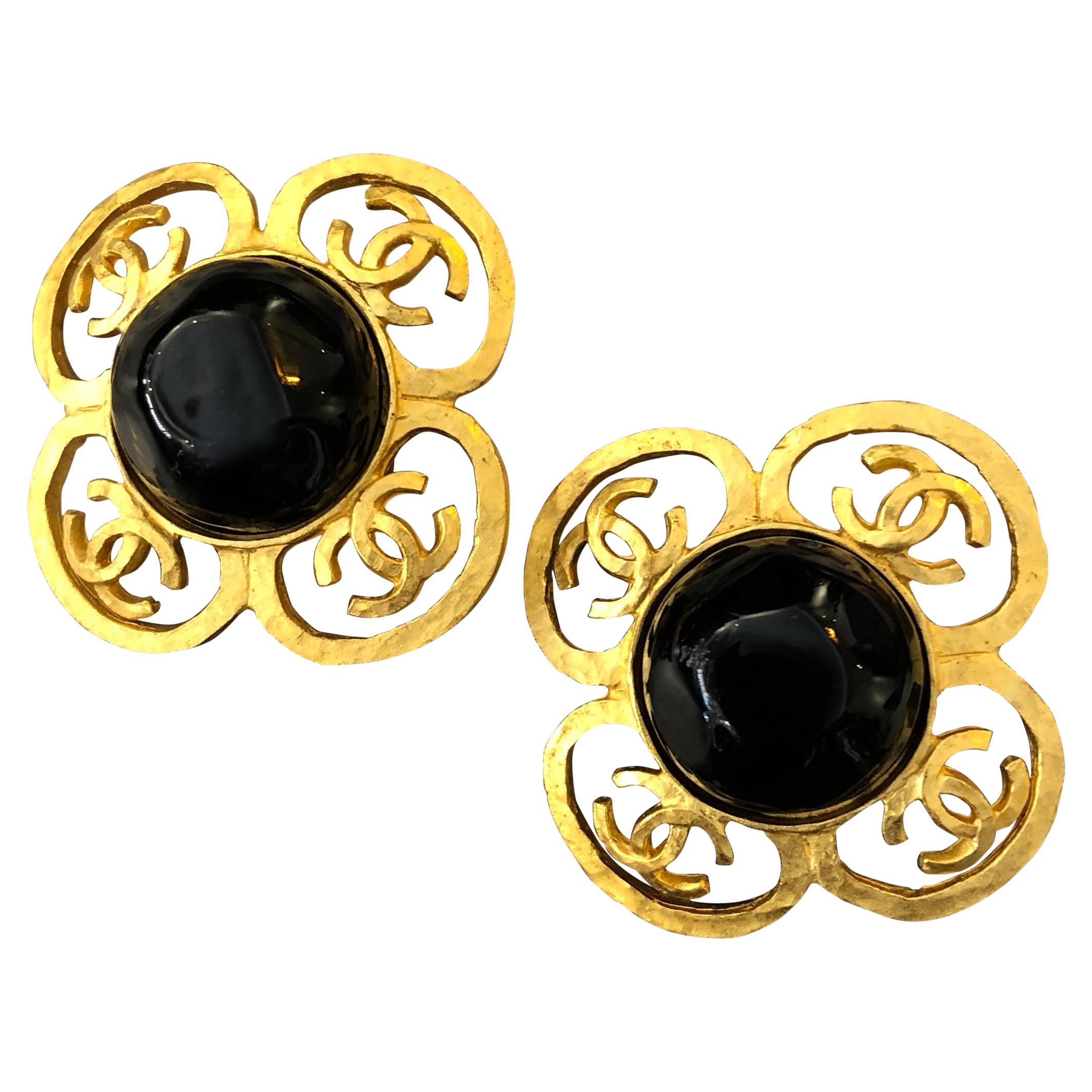 1995 Vintage CHANEL Black Gripoix Gold Toned CC Clover Earclips Clip On Earrings