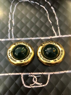 1970s Vintage CHANEL Gold Toned Cambon Green Gripoix Clip On Earrings