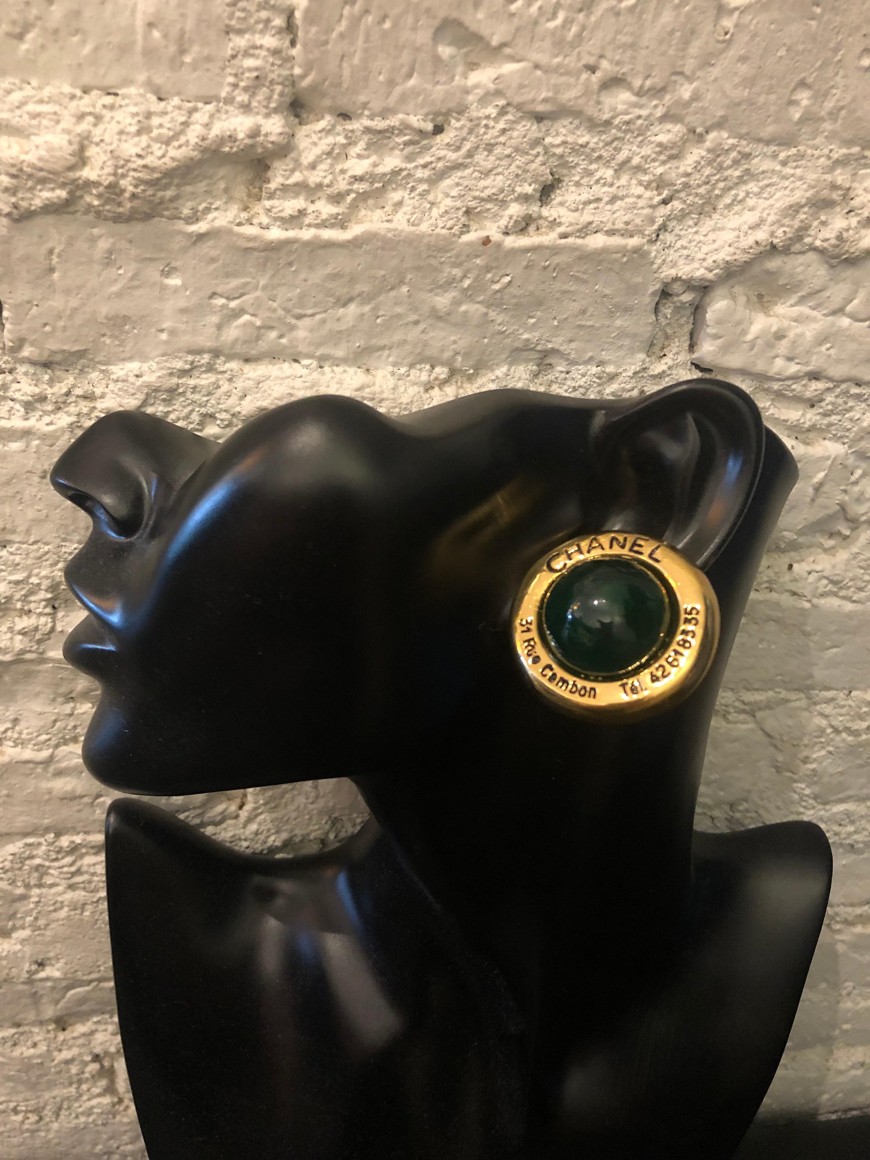 Women's or Men's 1970s Vintage CHANEL Gold Toned Cambon Green Gripoix Clip On Earrings  For Sale